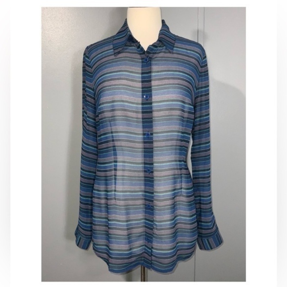 cabi blue multicolor striped sheer button down collard split back blouse small